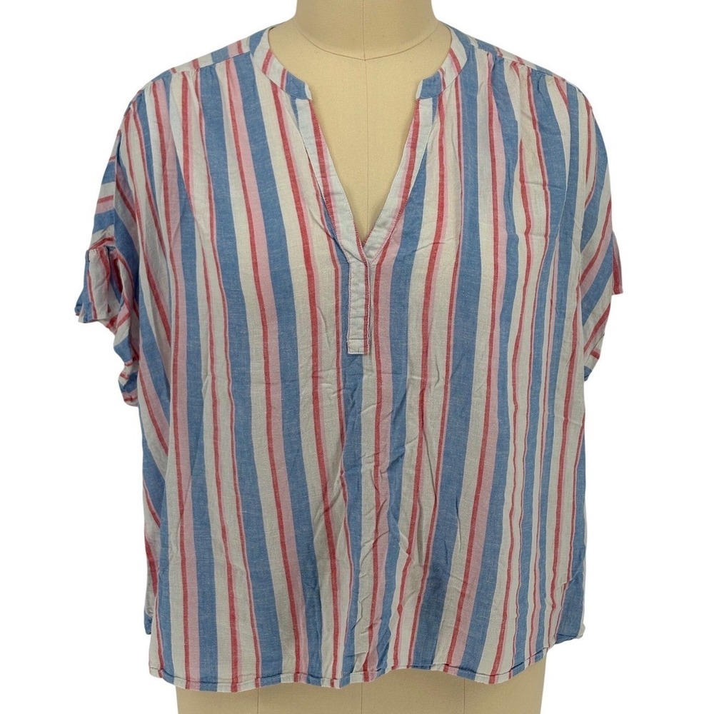 Crown & Ivy Blouse Blue Red Striped Linen Blend Ruffle Sleeve 3X